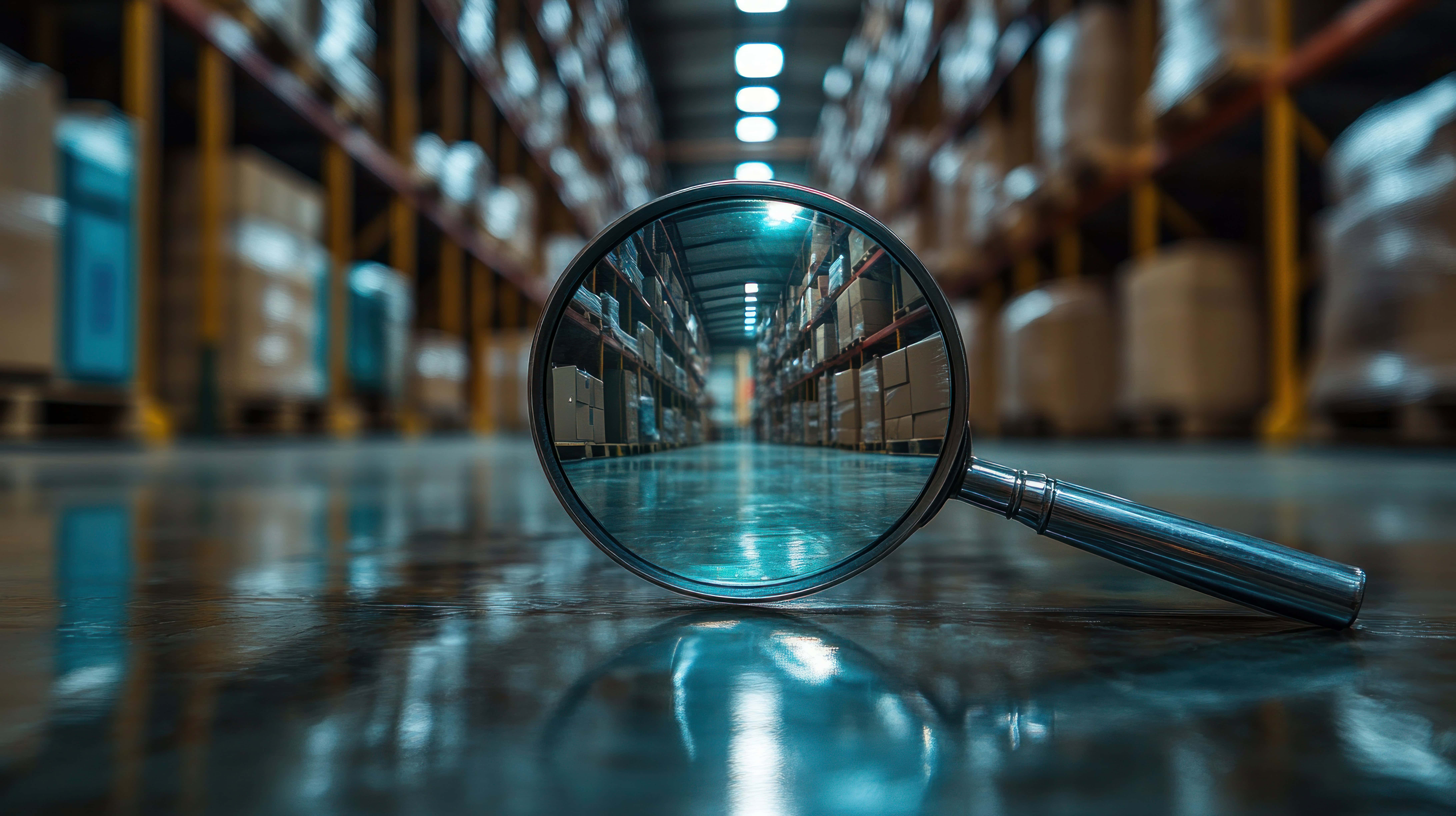 A photo of a magnifying glass highlighting the texture of cardboard boxes in a storage facility, with blurred pallets and packages in the background, taken with a Sony A1 with a 24-70mm f/2.8 lens, dynamic lighting, ultra-detailed warehouse photography, realistic, detailed, 12K, best photo, --chaos 35 --ar 16:9 --style raw --stylize 650 --v 6.1 Job ID: 82116fc7-e51f-4148-8dce-a5cf458cf22c