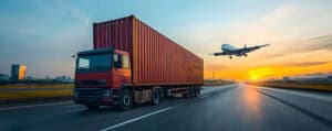 Freight Truck and Airplane on Highway at Sunset, Global Logistics and Transportation Image