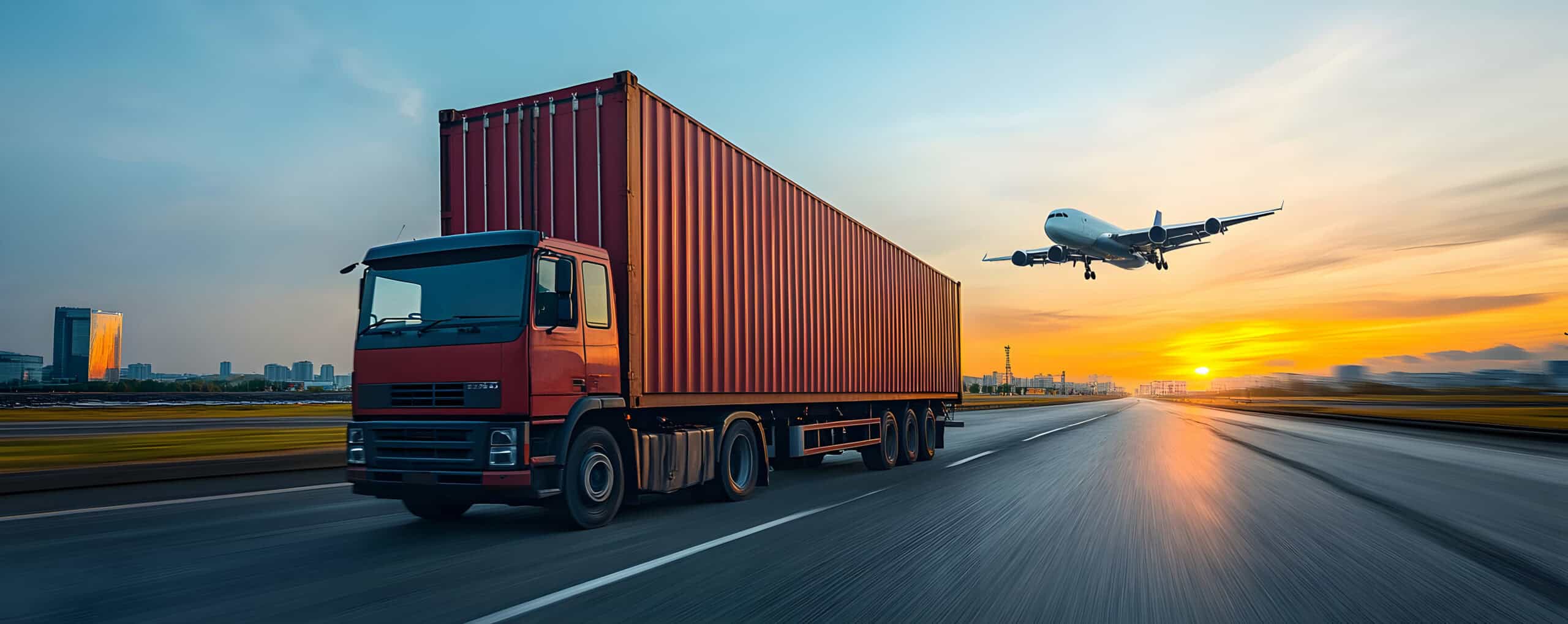 Freight Truck and Airplane on Highway at Sunset, Global Logistics and Transportation Image