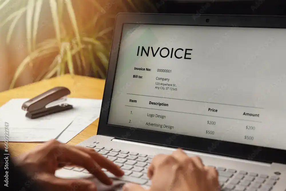 Invoice template on a laptop screen for digital billing and accounting services.