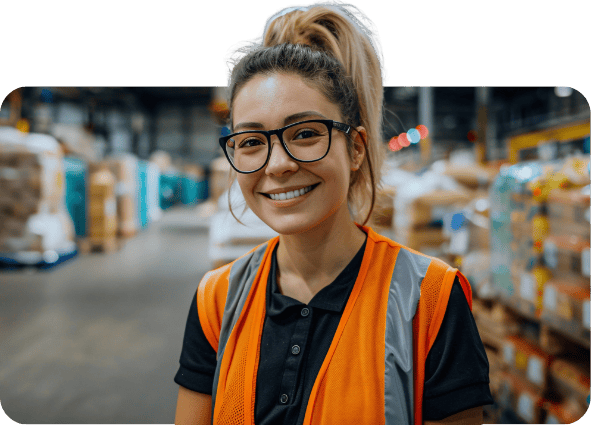 A smiling lady in orange vest who has just used our free find a 3PL warehouse service