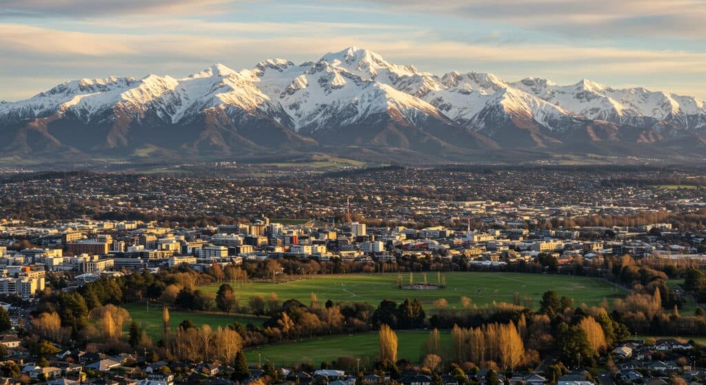 Stunning view of Christchurch, New Zealand, with the snow-capped Southern Alps in the background. Symbolizing nature's beauty, urban development, peaceful parks, majestic mountains, and a vibrant city