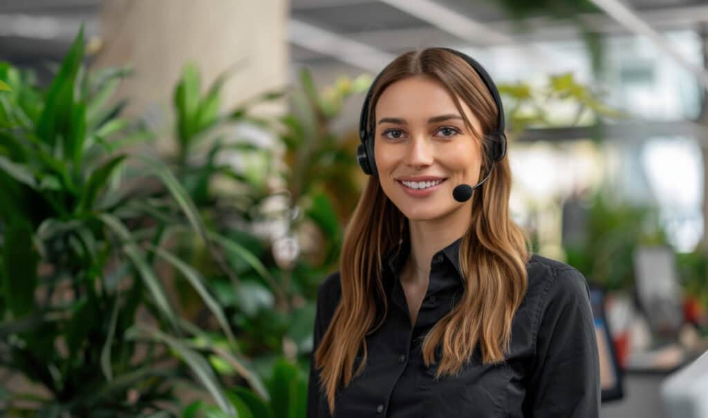 Woman with headphones in office setting.