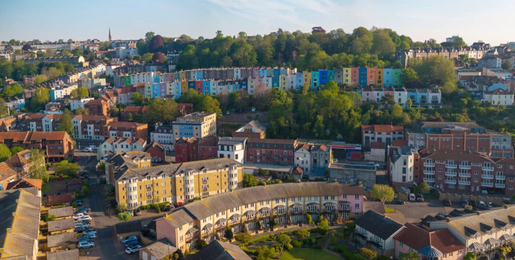 Aerial view of the Bristol city skyline