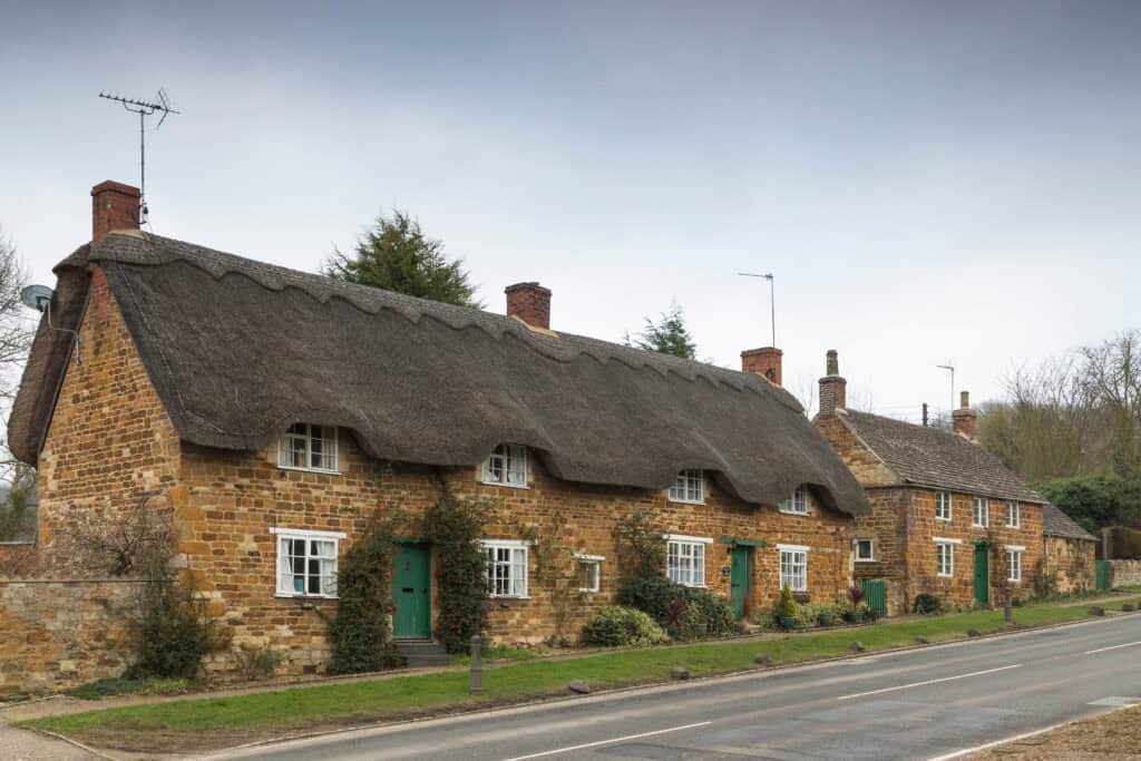 Thatched cottages in a Northamptonshire village